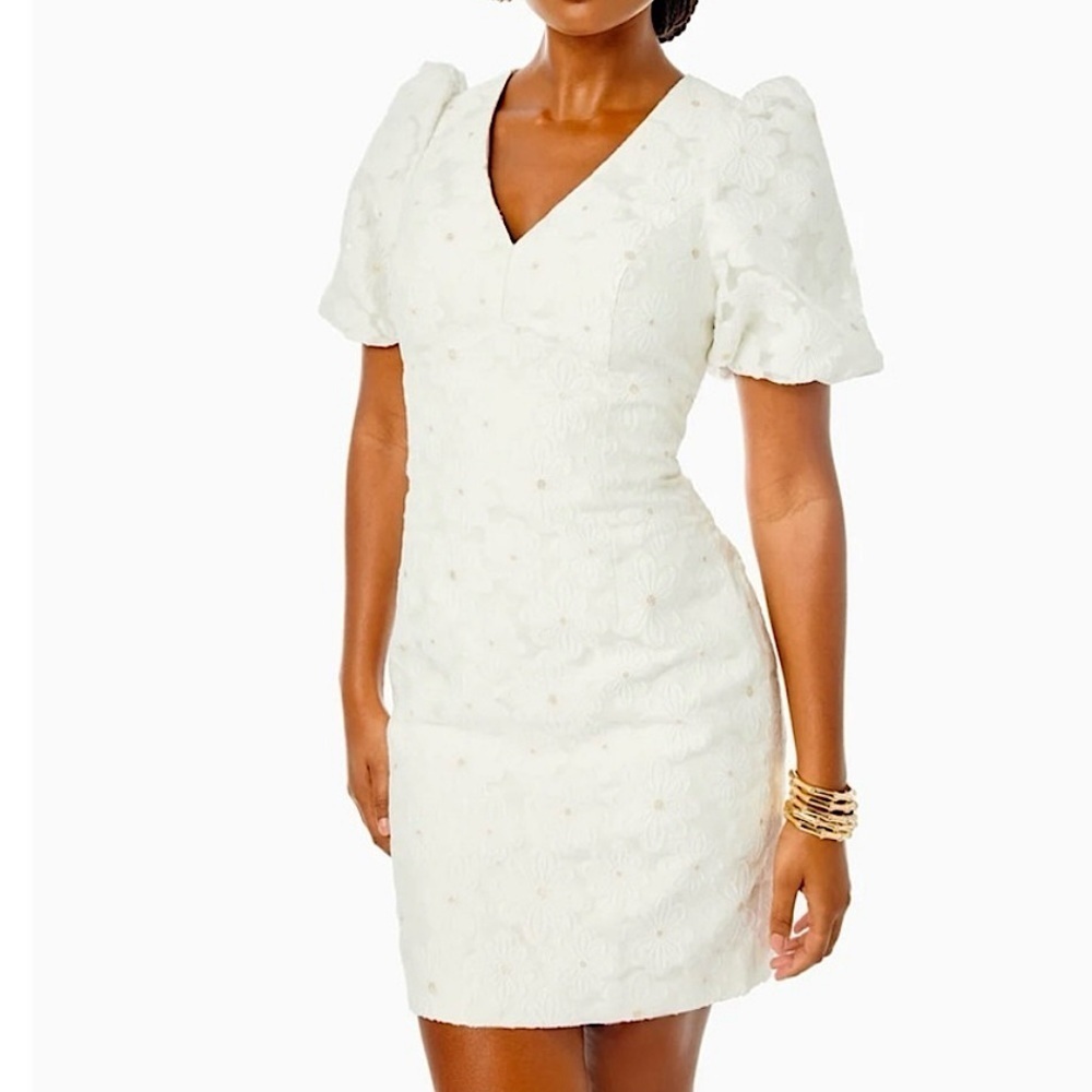 Lilly Pulitzer Citra Embroidered Puff Sleeve Floral‎ Shift Dress White Gold 00